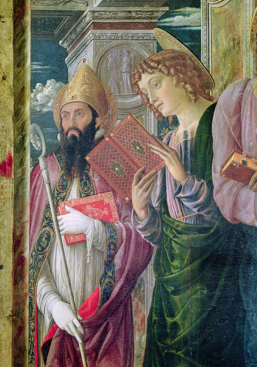 Veronai Szent Zénó oltárképe, a bal oldali tábla részlete, amely Keresztelő Szent Jánost és Szent Ágostont ábrázolja, 1456-60 alkotó: Andrea Mantegna