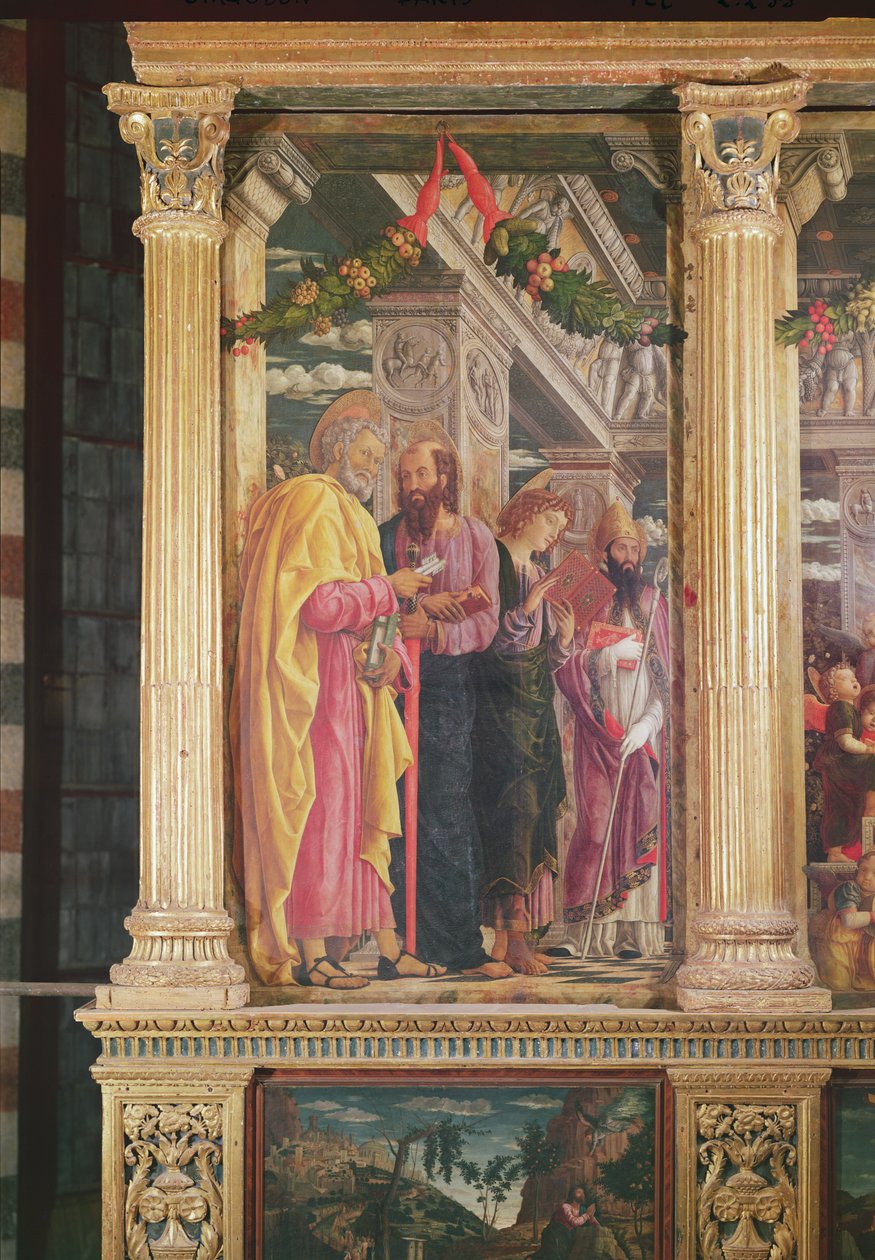 Veronai Szent Zénó oltárképe, bal oldali tábla, amelyen Szent Péter, Szent Pál és Szent János látható, 1456-60 (214237. részlet) alkotó: Andrea Mantegna