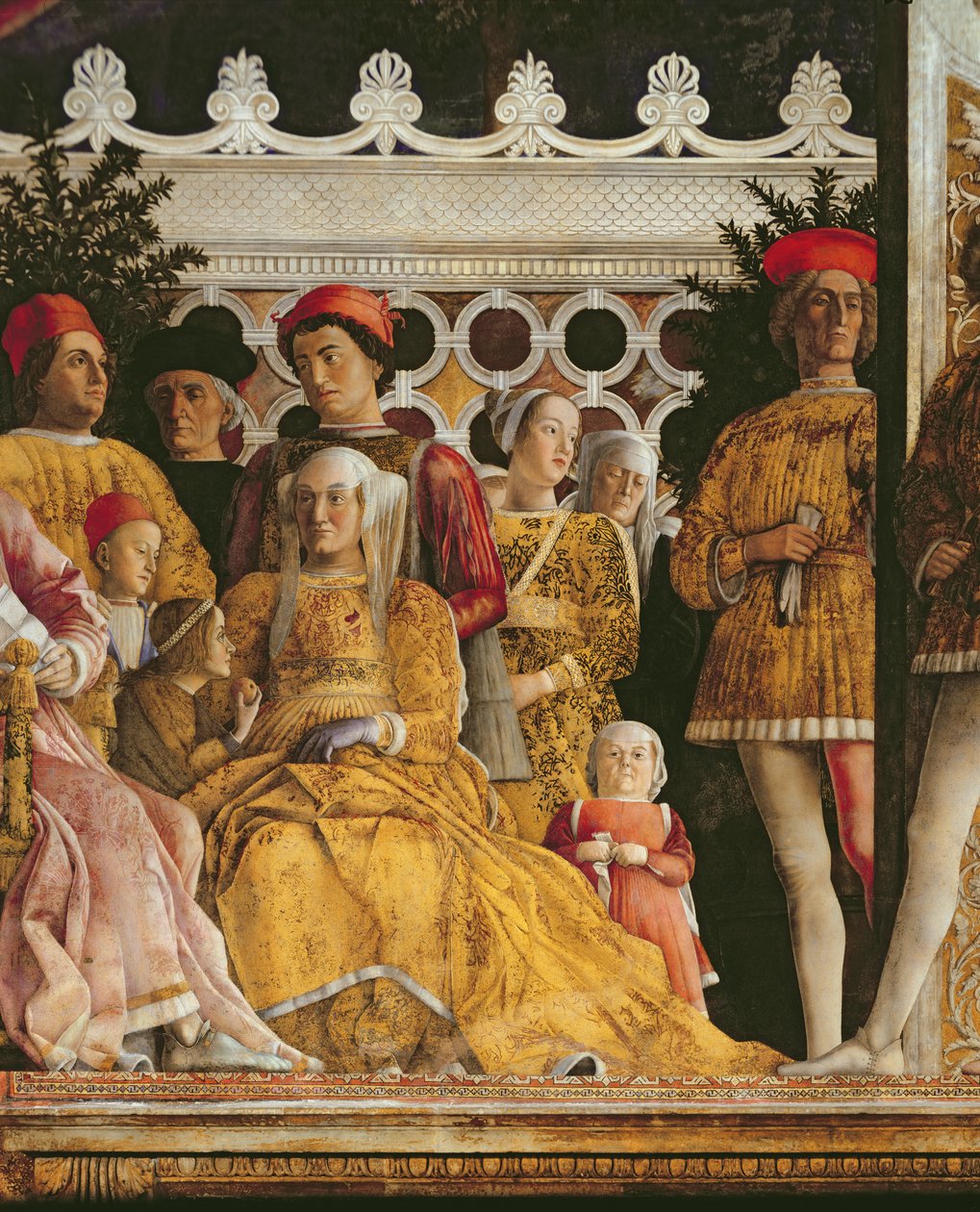 Brandenburgi Barbara (III. mantovai Marchese Ludovico Gonzaga felesége és gyermekeik és udvaroncaik) részlete a Camera degli Sposi vagy a Camera Picta, 1465-74 alkotó: Andrea Mantegna