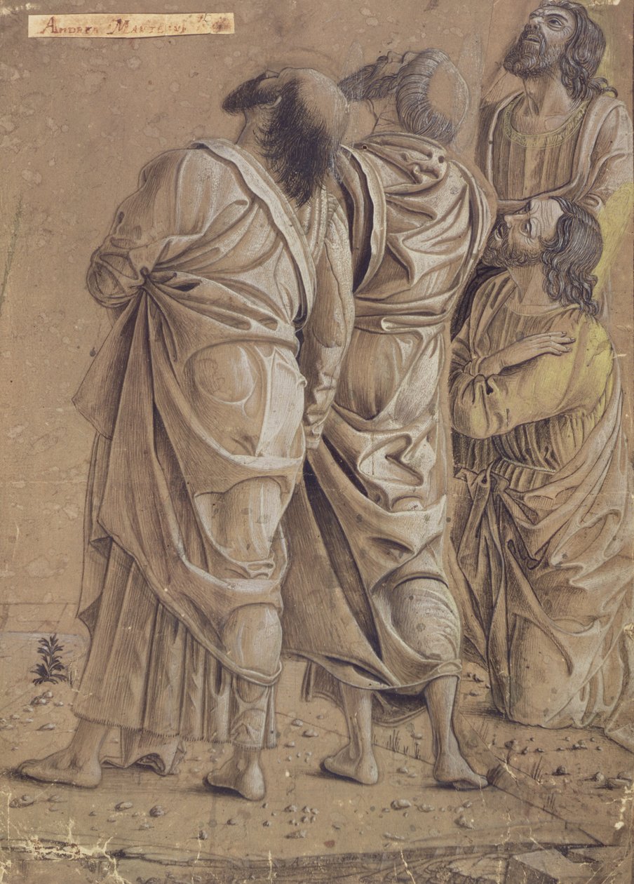 Apostolok csoportja Krisztus mennybemeneteléből, 1506 körül (színes tinták, barna mosás) alkotó: Andrea Mantegna