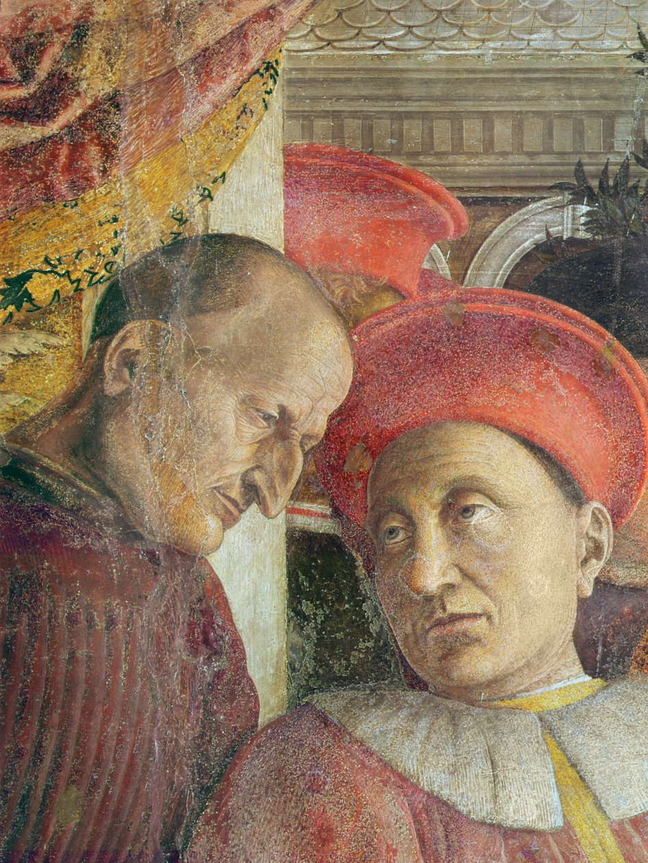 La Camera degli Sposi A Menyasszonyi Kamara. II. Gonzagai Ludovico és udvari részlete II. Ludovicóról és titkáráról a restaurálás előtt, 1466-74 körüli freskó alkotó: Andrea Mantegna