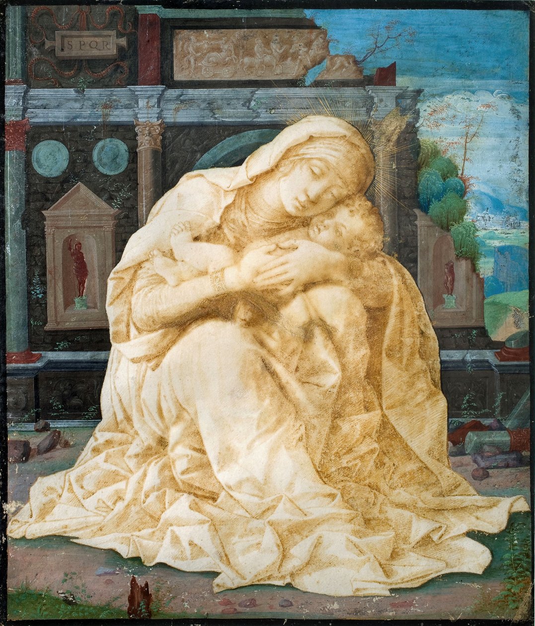 Madonna és gyermek az ősi romok ellen alkotó: Andrea Mantegna