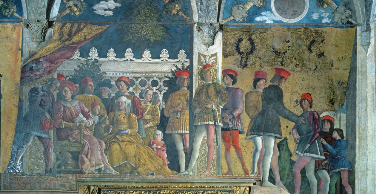Marchese Ludovico Gonzaga III, felesége Brandenburgi Barbara, gyermekeik, udvaroncok és Rubino kutyájuk, a Camera degli Sposiból vagy a Camera Pictából, 1465-74 alkotó: Andrea Mantegna