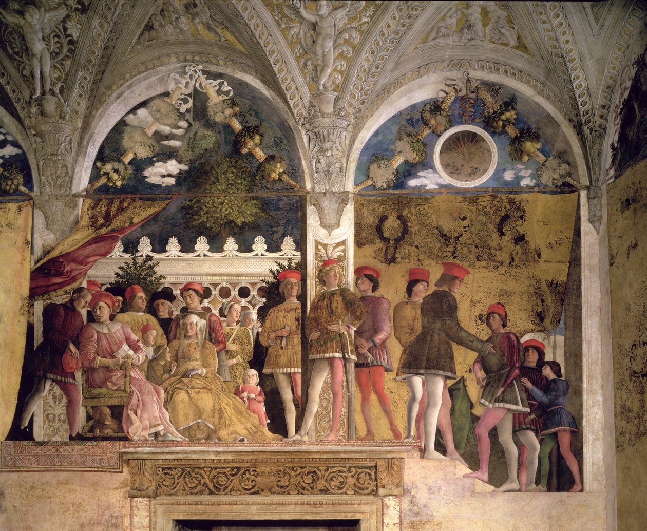 Ludovico Gonzaga III. mantovai márki (reg. 1444-78), felesége, Brandenburgi Barbara, gyermekei, udvaroncai és kutyájuk, Rubino, a Camera degli Sposi vagy Camera Picta, 1465-74 (részlet) alkotó: Andrea Mantegna