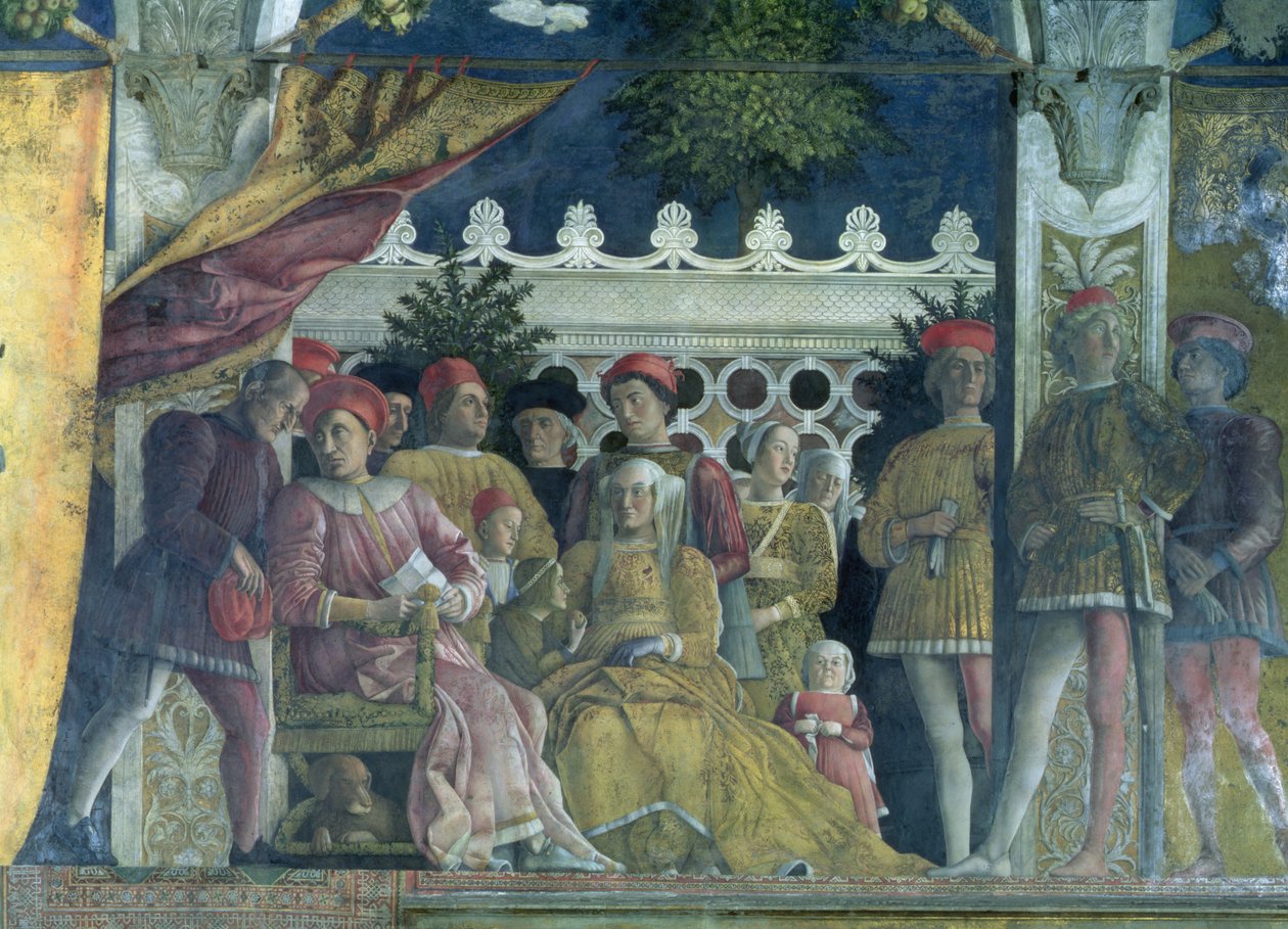 Marchese Ludovico Gonzaga III Mantuából (urkolt 1444-78), felesége Brandenburgi Barbara, gyerekek, udvaroncok és Rubino kutyájuk, a Camera degli Sposi vagy Camera Picta, 1465-74 (det) alkotó: Andrea Mantegna