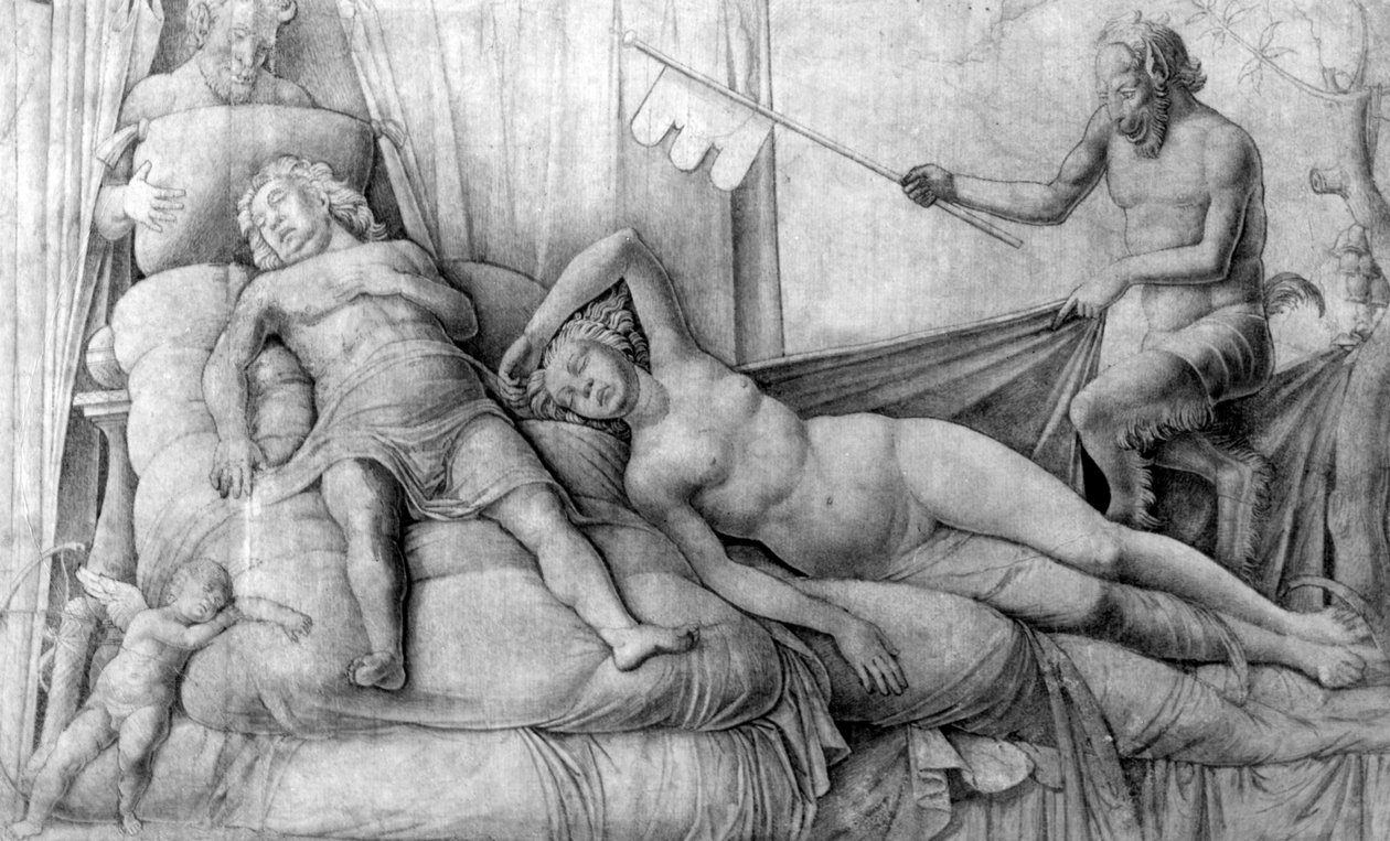 Meztelen nő alszik Ámorral és szatírokkal alkotó: Andrea Mantegna