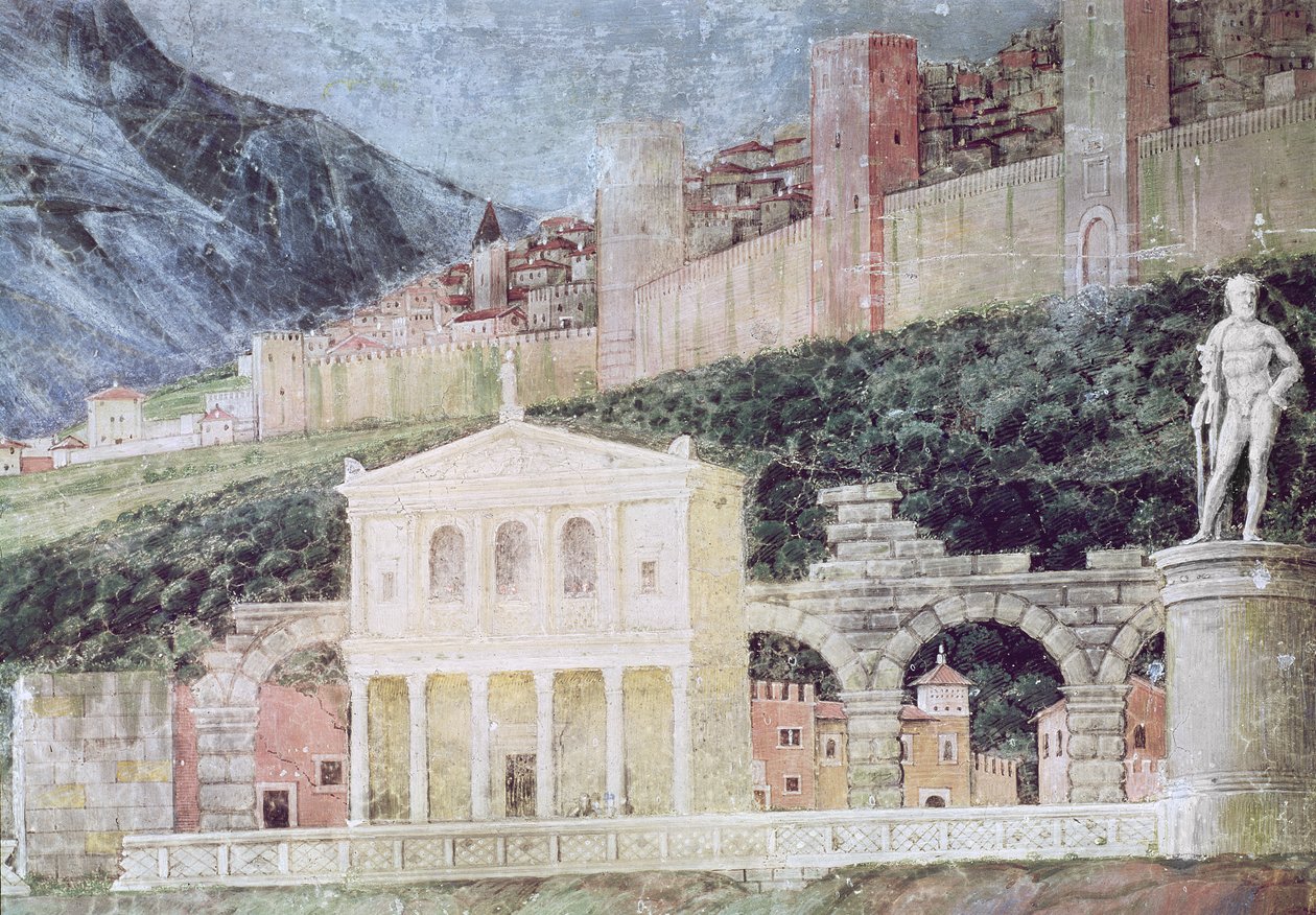 Francesco Gonzaga bíboros érkezése, a háttér részlete, amely Róma idealizált képét mutatja, 1465-74 körül (78457, 78449 részlet) alkotó: Andrea Mantegna