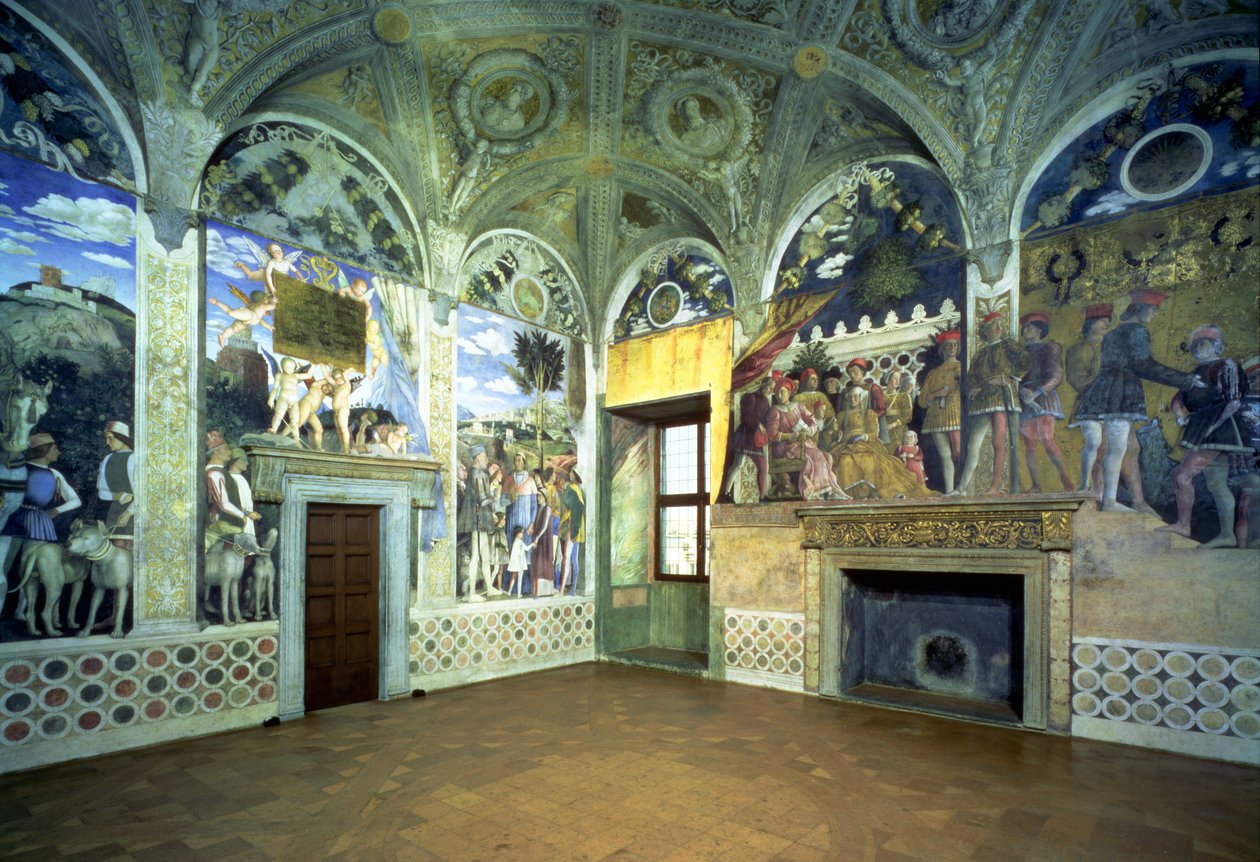A Camera degli Sposi vagy Camera Picta a mantovai udvar jeleneteivel, melyen III. Ludovico Gonzaga márki és felesége, Brandenburgi Barbara, gyermekeik, udvaroncaik és állataik láthatók, 1465- alkotó: Andrea Mantegna
