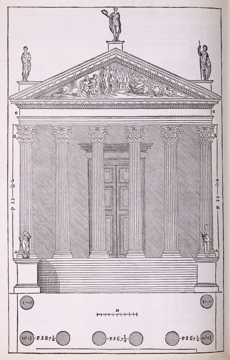 Castor és Pollux templomának emelése, illusztráció a Palladio által írt „I Quattro Libri dell