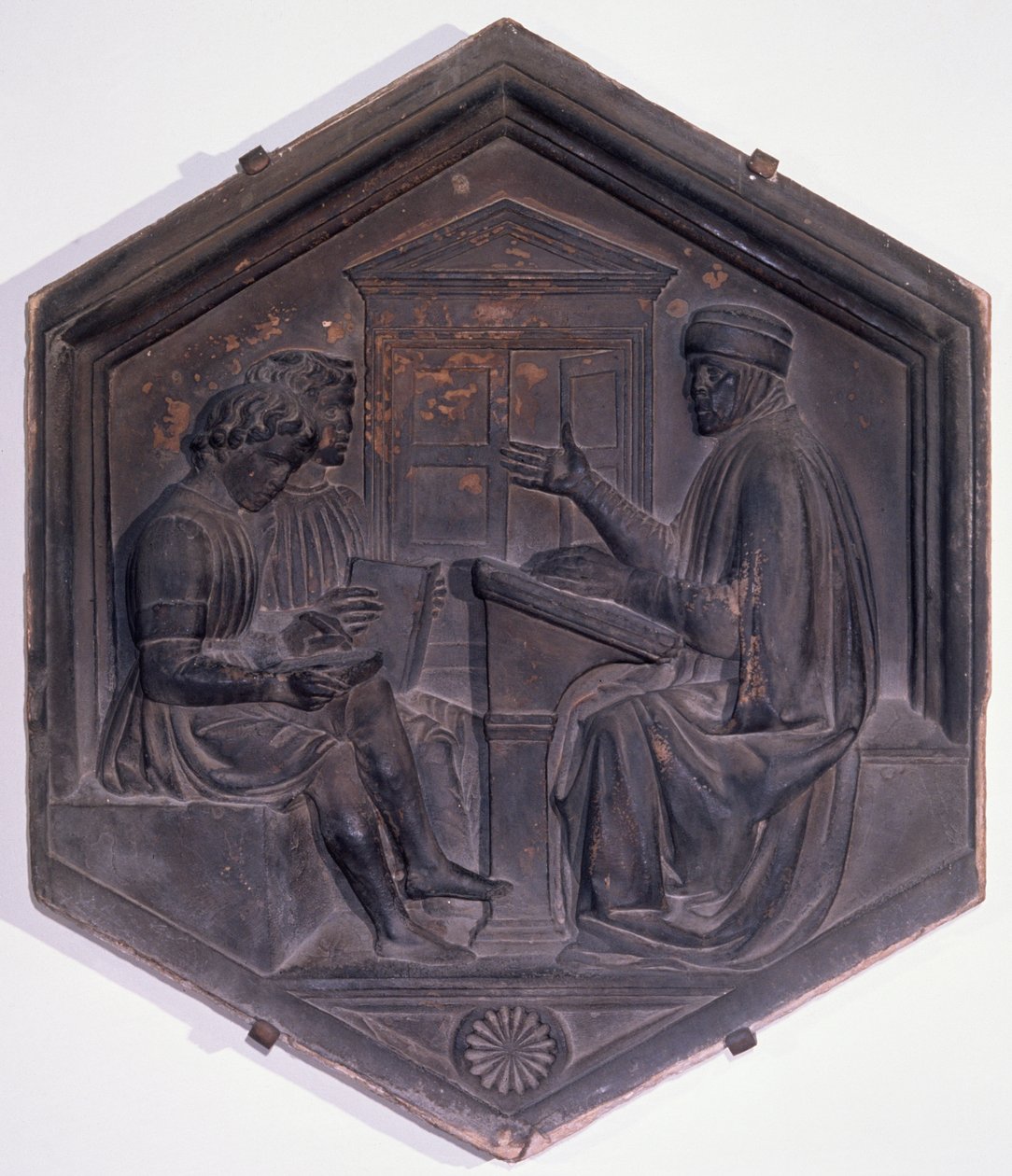 Nyelvtan, hatszögletű dekoratív csempe a Seven Liberal Arts sorozatból, valószínűleg Giotto (kb. 1266-1337) tervei alapján, 1334-1348 körül (márvány) alkotó: Andrea Pisano