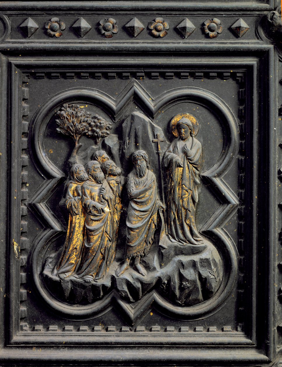 Keresztelő Szent János bejelenti Krisztust, a San Giovanni Keresztelőkápolna déli ajtóinak nyolcadik táblája, 1336 (bronz) alkotó: Andrea Pisano