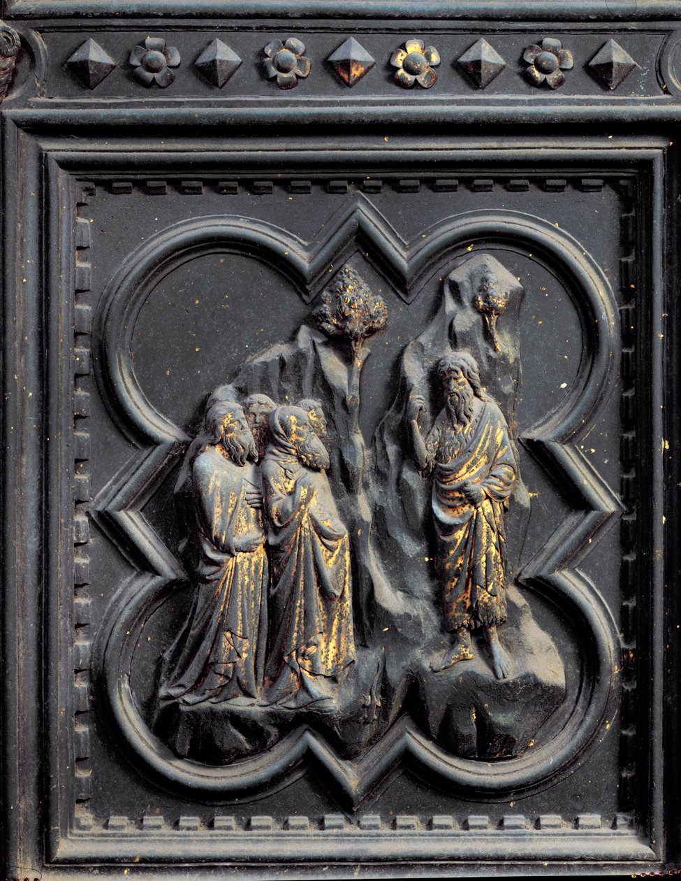 Keresztelő Szent János prédikál a farizeusoknak, a San Giovanni Keresztelőkápolna déli ajtóinak hetedik panelje, 1336 (bronz) alkotó: Andrea Pisano