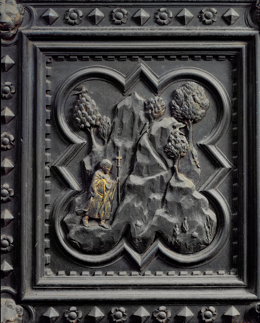 Keresztelő Szent János fiúként a sivatagban, a San Giovanni Keresztelőkápolna déli ajtóinak hatodik táblája, 1336 (bronz) alkotó: Andrea Pisano