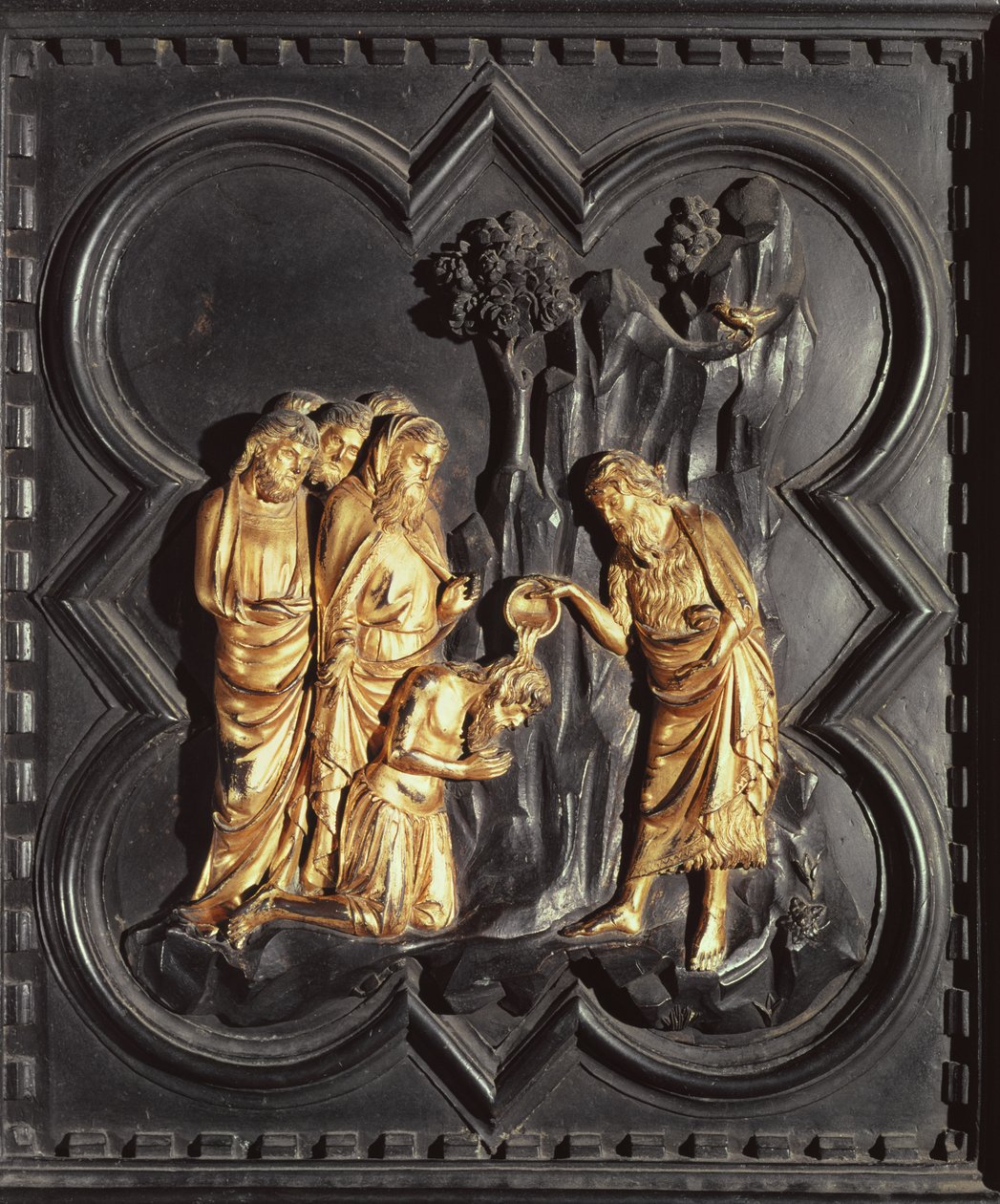 Keresztelő Szent János keresztelő a Jordán folyóban, a San Giovanni Keresztelőkápolna déli ajtaja felől, 1336 (bronz) alkotó: Andrea Pisano
