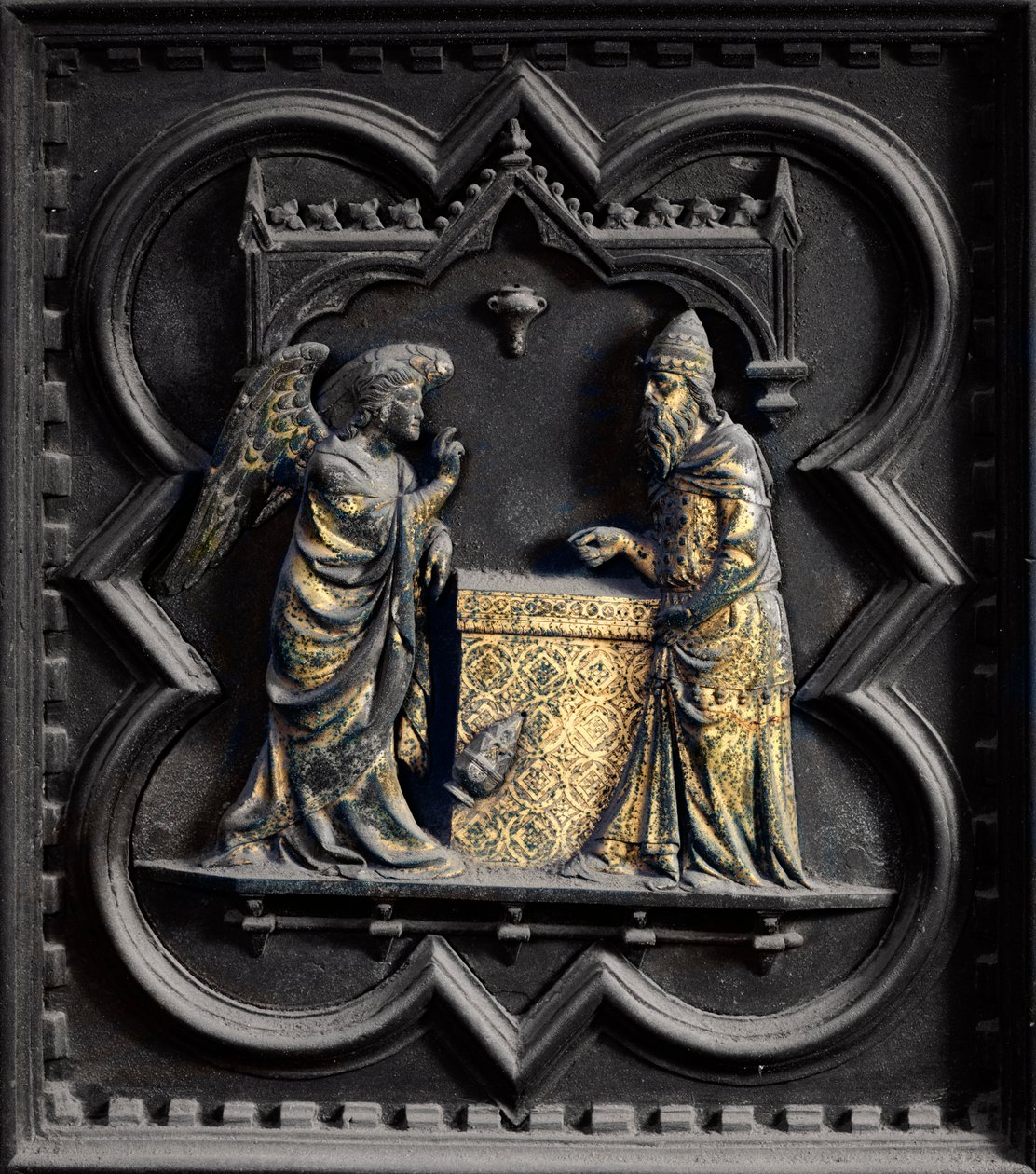 Az angyal bejelenti Zakariásnak, a San Giovanni keresztelőkápolna déli ajtóinak első paneljét, 1336 (bronz) alkotó: Andrea Pisano