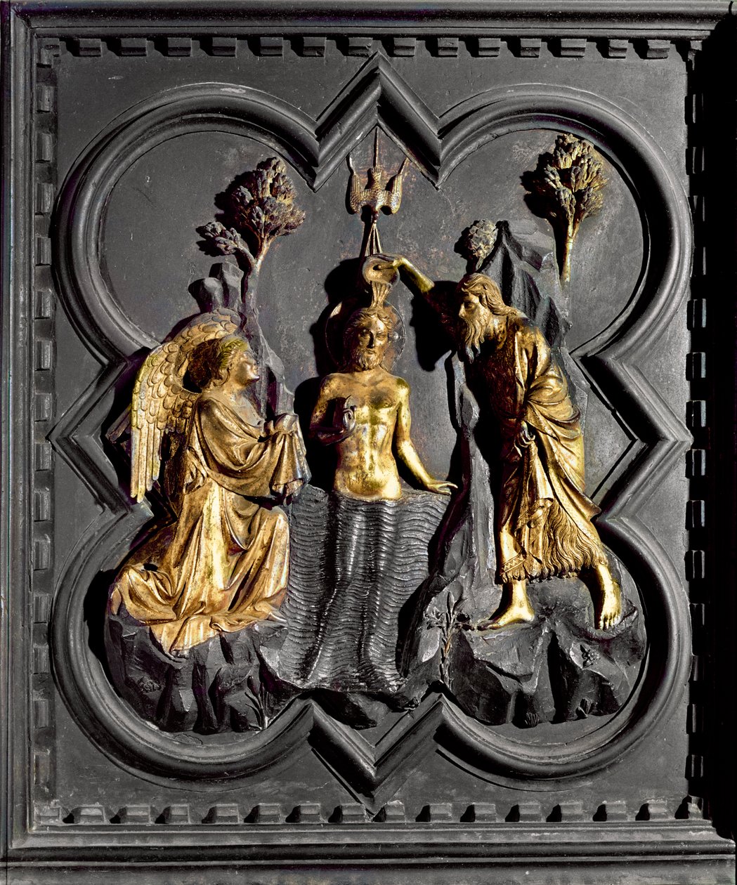 Krisztus megkeresztelkedése, a Keresztelőkápolna déli ajtajának táblája, amely Keresztelő Szent János életének jeleneteit ábrázolja, 1336 (aranyozott bronz) alkotó: Andrea Pisano