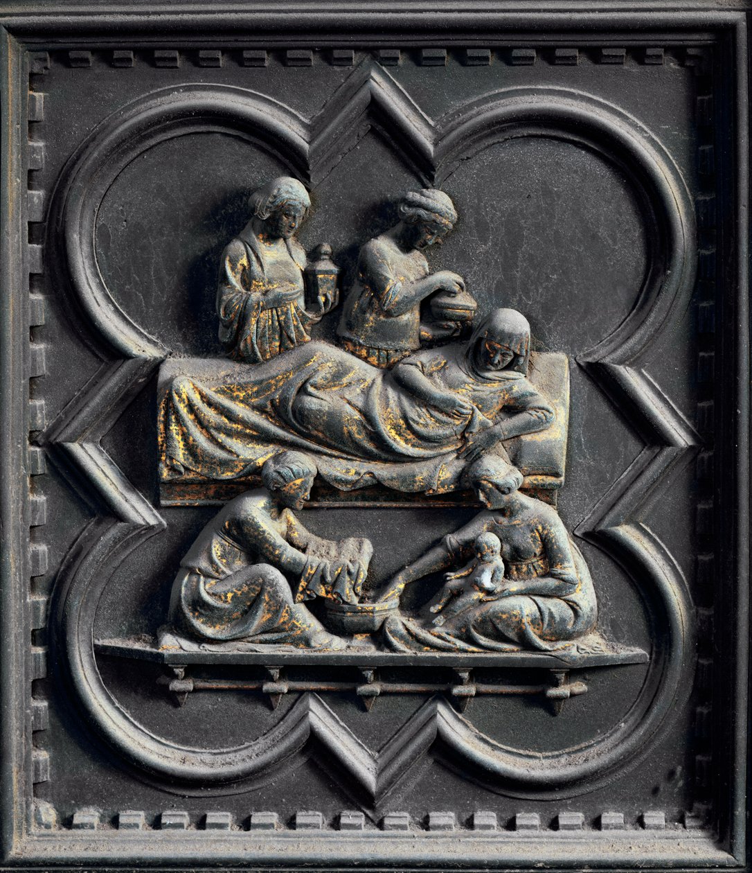 Keresztelő Szent János születése, a San Giovanni Keresztelőkápolna déli ajtajának negyedik táblája, 1336 (bronz) alkotó: Andrea Pisano