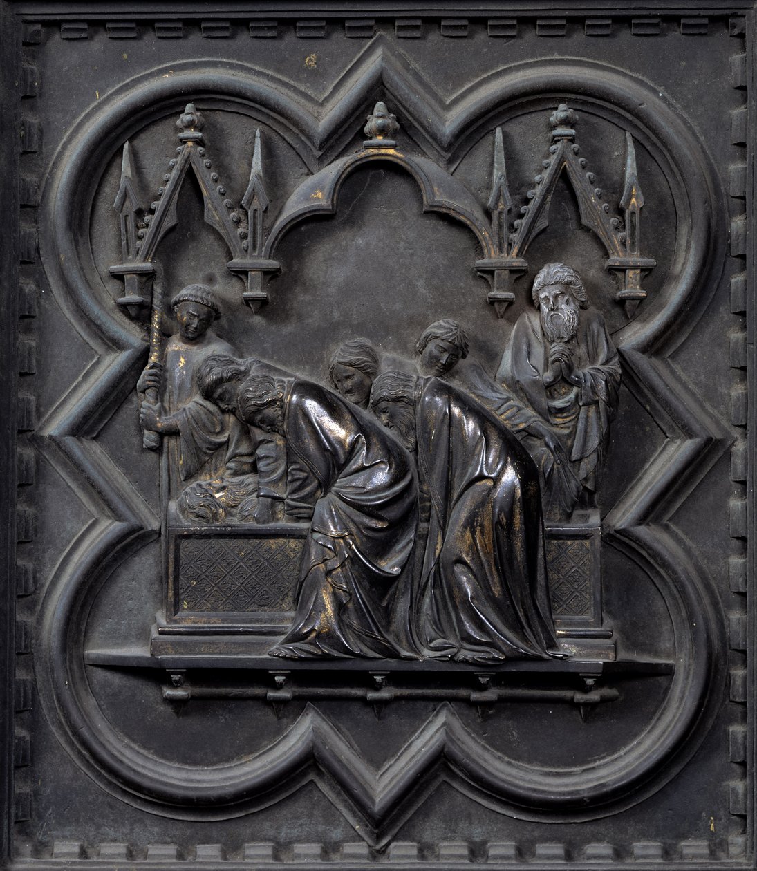 Keresztelő Szent János temetése, a San Giovanni Keresztelőkápolna déli ajtajának huszadik táblája, 1336 (bronz) alkotó: Andrea Pisano