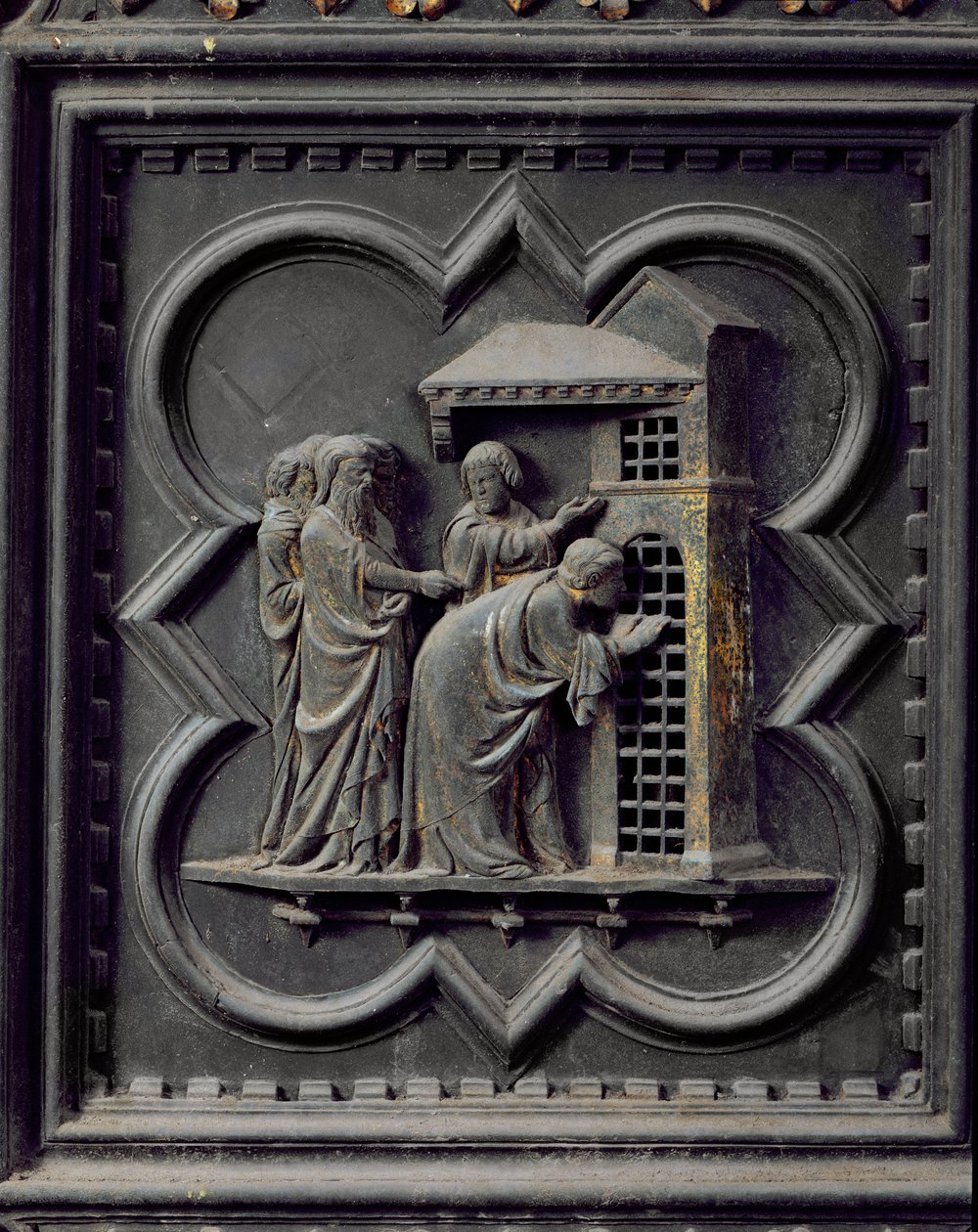 A tanítványok meglátogatják Keresztelő Szent Jánost, a San Giovanni Keresztelőkápolna déli ajtóinak tizenharmadik paneljét, 1336 (bronz) alkotó: Andrea Pisano