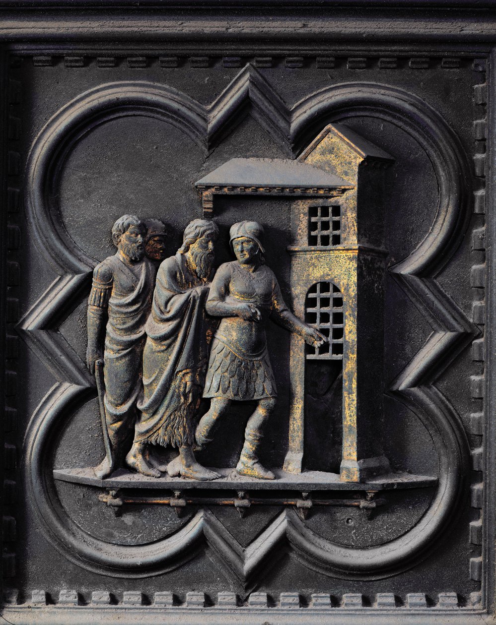 Keresztelő Szent János bebörtönzése, a San Giovanni Keresztelőkápolna déli ajtóinak tizenkettedik táblája, 1336 (bronz) alkotó: Andrea Pisano