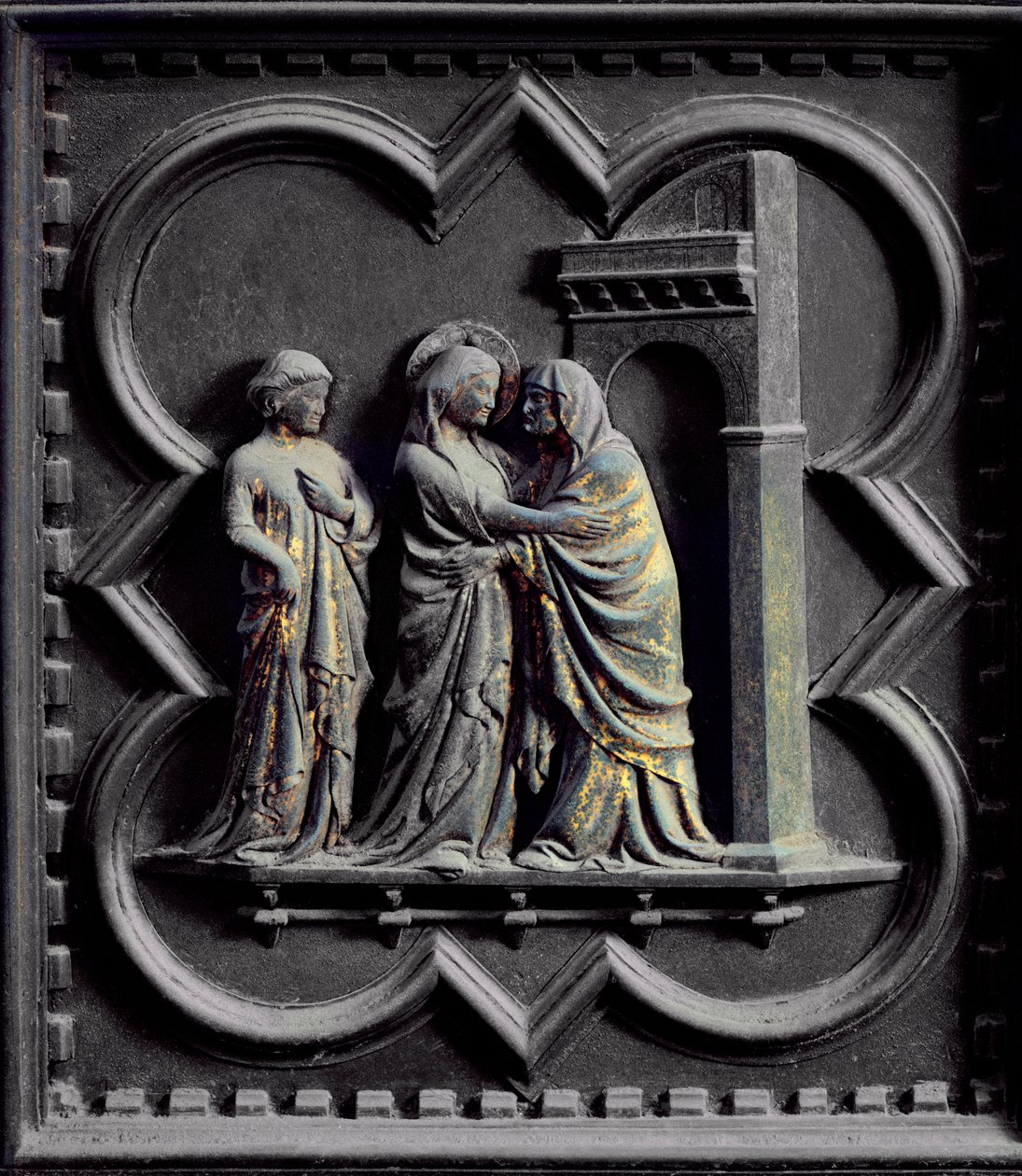 A látogatás, a San Giovanni keresztelőkápolna déli ajtajának harmadik táblája, 1336 (bronz) alkotó: Andrea Pisano