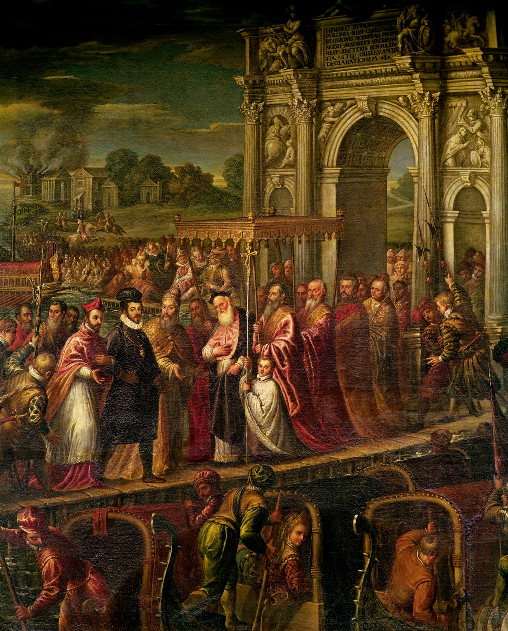 III. Henrik francia király (1551-89) 1574-ben Velencébe látogatott, Alvise Mocenigo dózsa (1570-77) kíséretében, és Giovanni Trevisan pátriárkával találkozott a Négy ajtó szobájából. alkotó: Andrea Vicentino