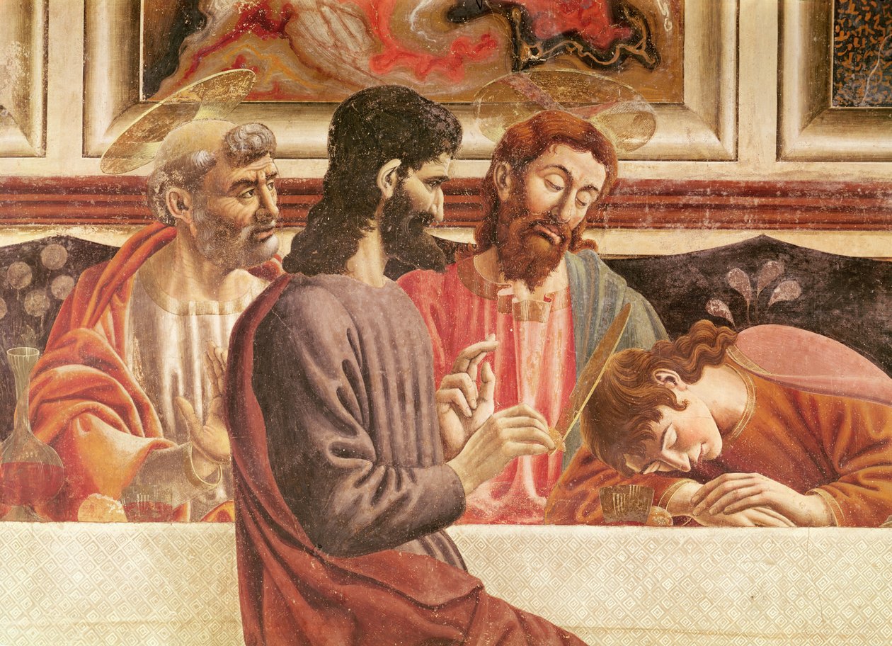 Az utolsó vacsora, Szent János és Péter, Krisztus és Júdás részlete, 1447 (85172 részlet) alkotó: Andrea del Castagno