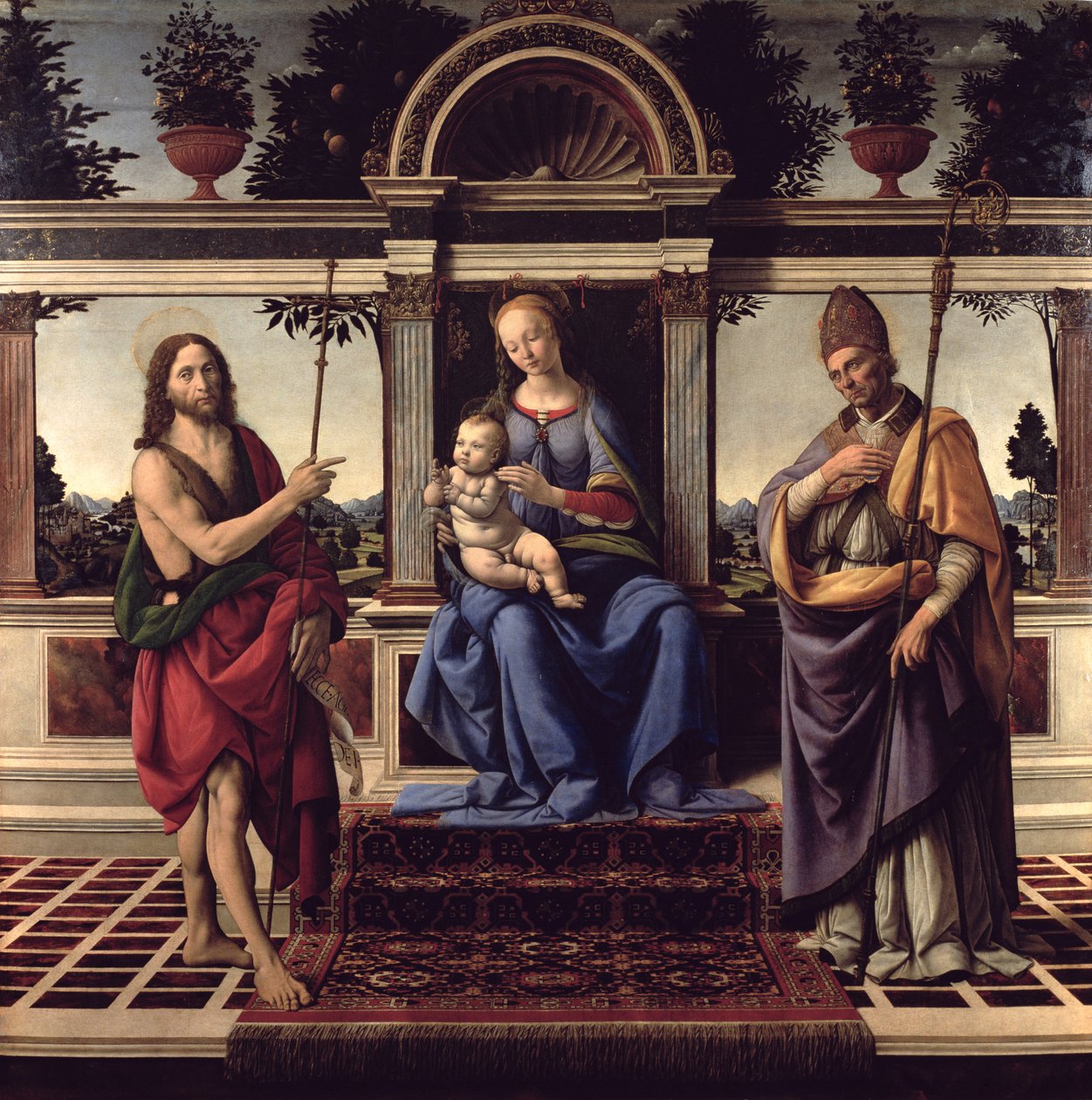 Madonna a Szentekkel Keresztelő Jánossal és Donátussal, 1475-83 körül alkotó: Andrea del Verrocchio
