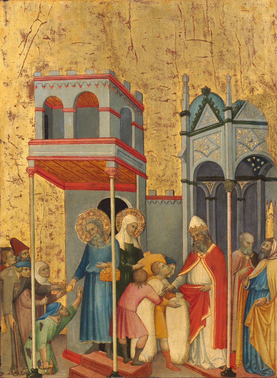 Joachim és Anna ételt adnak a szegényeknek és felajánlásokat a templomnak, 1400-5 körül (tempera nyárfatáblán) alkotó: Andrea di Bartolo