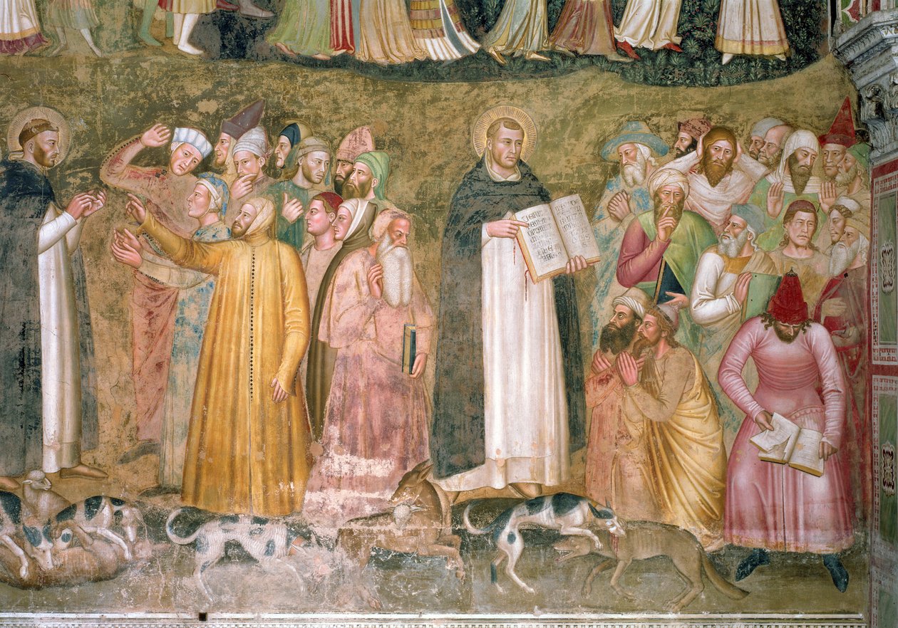 A harcos és diadalmas egyház, az SS részlete. Tamás és Péter összetévesztik az eretnekeket, a spanyol kápolnából; kb.1369 freskórészlet a 31612-ből alkotó: Andrea di Bonaiuto