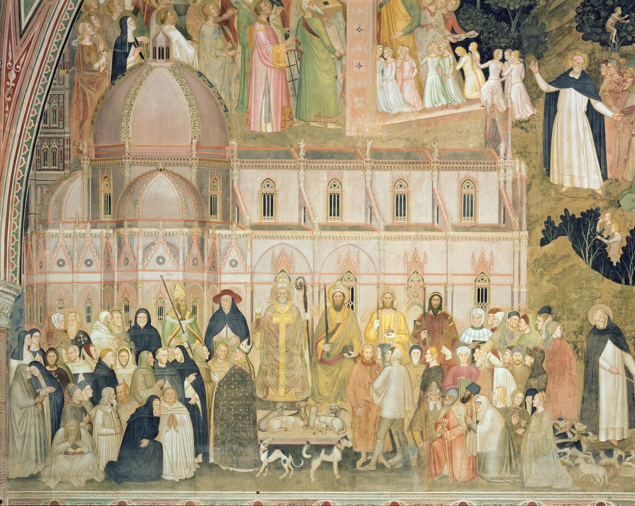 A harcias és diadalmas templom, a világi hatóságok részlete, háttérben a Santa Maria del Fiore, a Spanyol kápolnából, 1369 körüli freskó részlet 31612-ből alkotó: Andrea di Bonaiuto