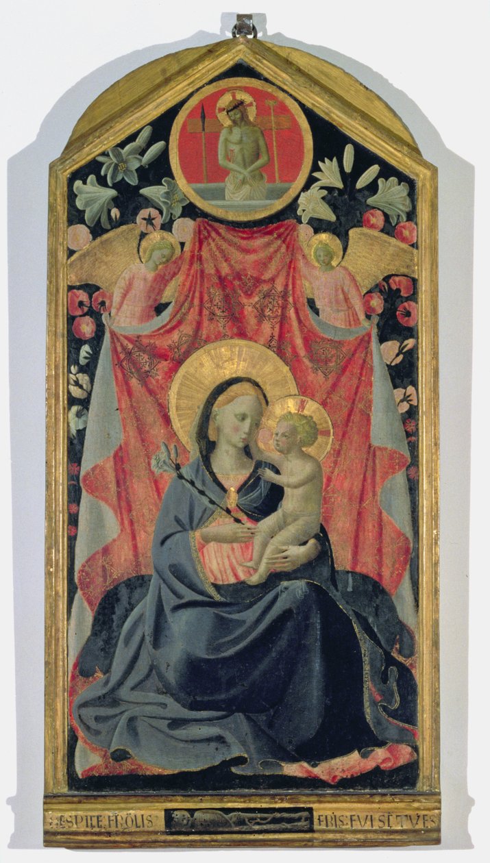 Madonna és gyermek két angyallal és Krisztus feltámadt a sírból (tempera a panelen) alkotó: Andrea di Giusto Manzini