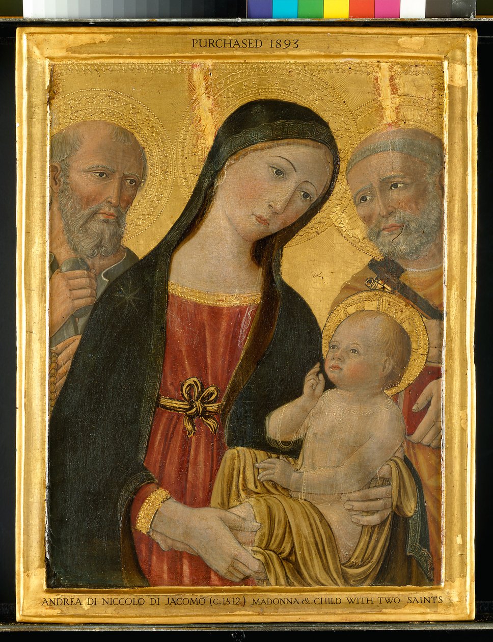 Szűz és gyermek Szent Jeromos és Szent Péter között, 1500 körül (tempera arannyal a panelen) alkotó: Niccolo di Giacomo