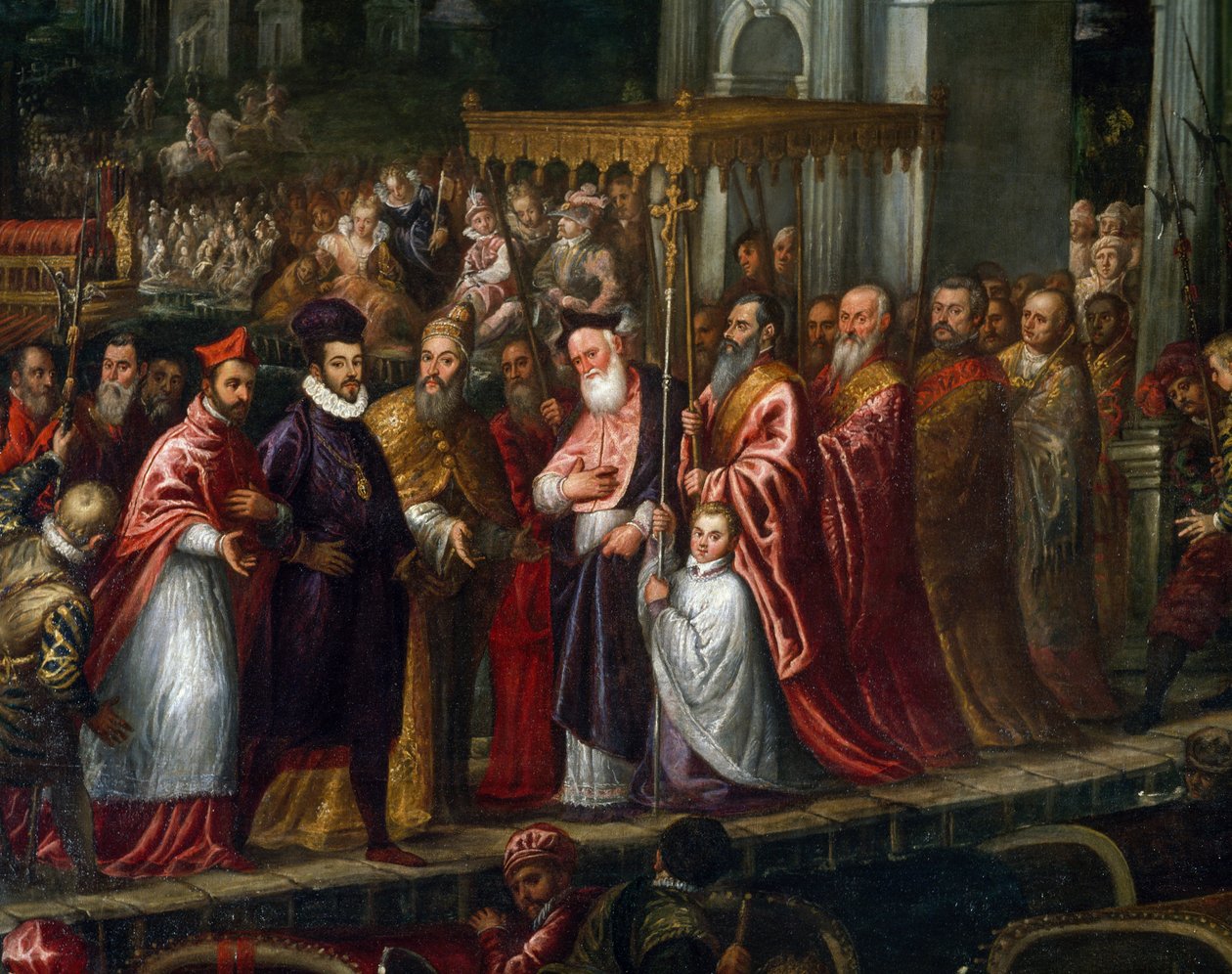 Mocenigo dózsa és Trevisan pátriárka 1574-ben üdvözli III. Henriket a Lidóban alkotó: Andrea Vicentino