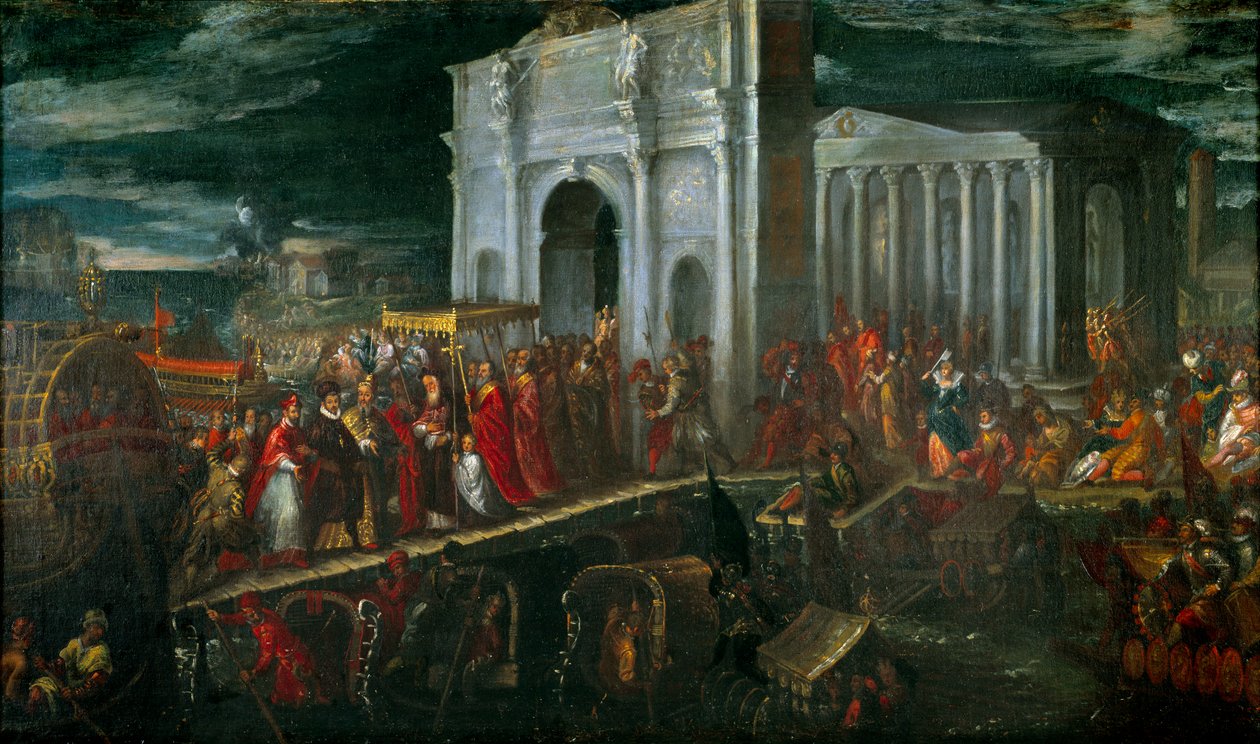 Anjou herceg fogadása a velencei San Nicolo di Lidóban Mocenigo dózse által, Lengyelországból Franciaországba való visszaútja során, július 28. alkotó: Andrea Vicentino