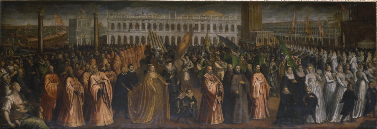 A Dogaressa Marina Morosini-Grimani elhagyja a Palazzo Grimanit a velencei Palazzo Ducale-ban való megkoronázásra alkotó: Andrea Vicentino