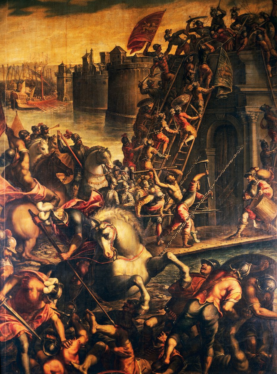 Enrico Dandolo velencei dózse és keresztes lovagjai Zadar városát megrohamozzák 1202-ben, Andrea Michieli olajfestménye (1542 körül-1617 körül), Negyedik keresztes hadjárat, Horvátország alkotó: Andrea (c.1542 c.1617) Michieli