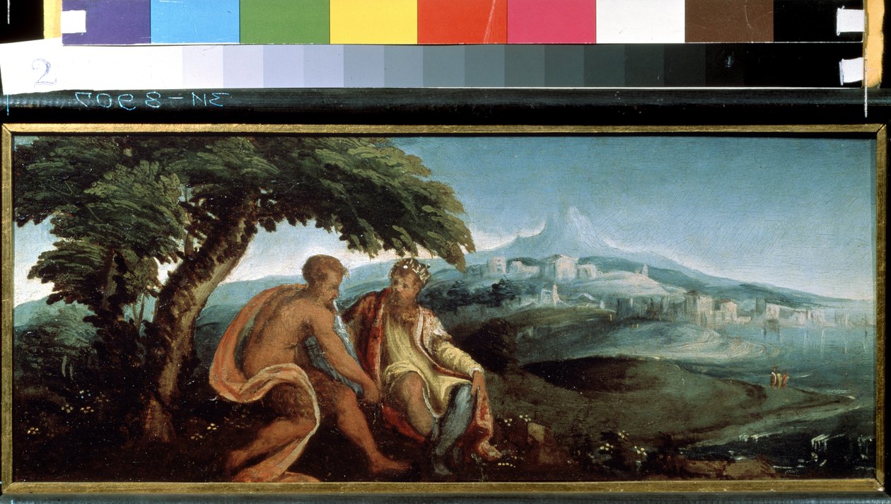 Midas király és Pán (Midász és Pán király). Andrea Schiavone (kb. 1520-1582) festménye. Olajfestmény alkotó: Andrea Schiavone