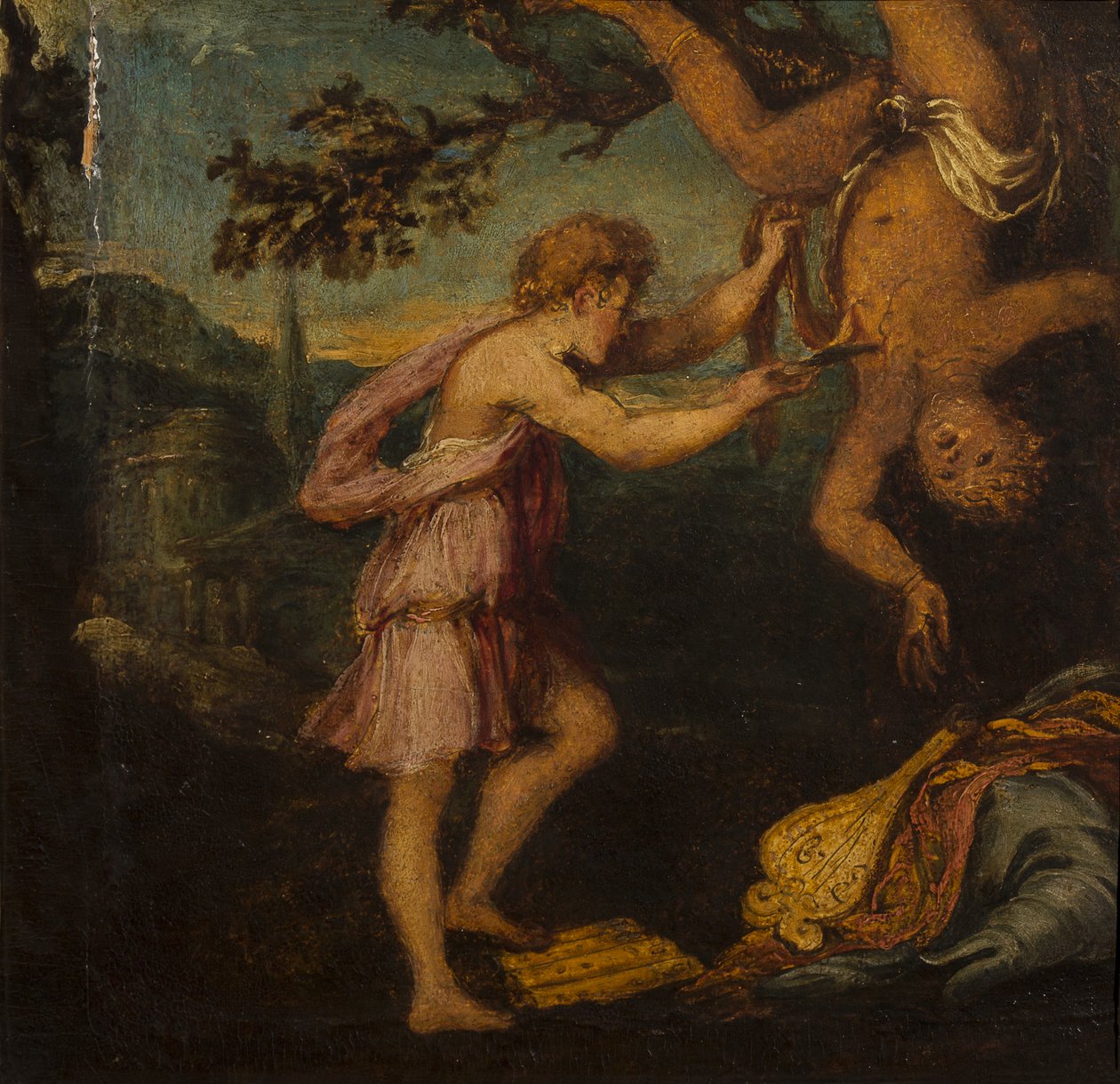Marsyas lenyúzása (olaj falemezre) alkotó: Andrea Schiavone