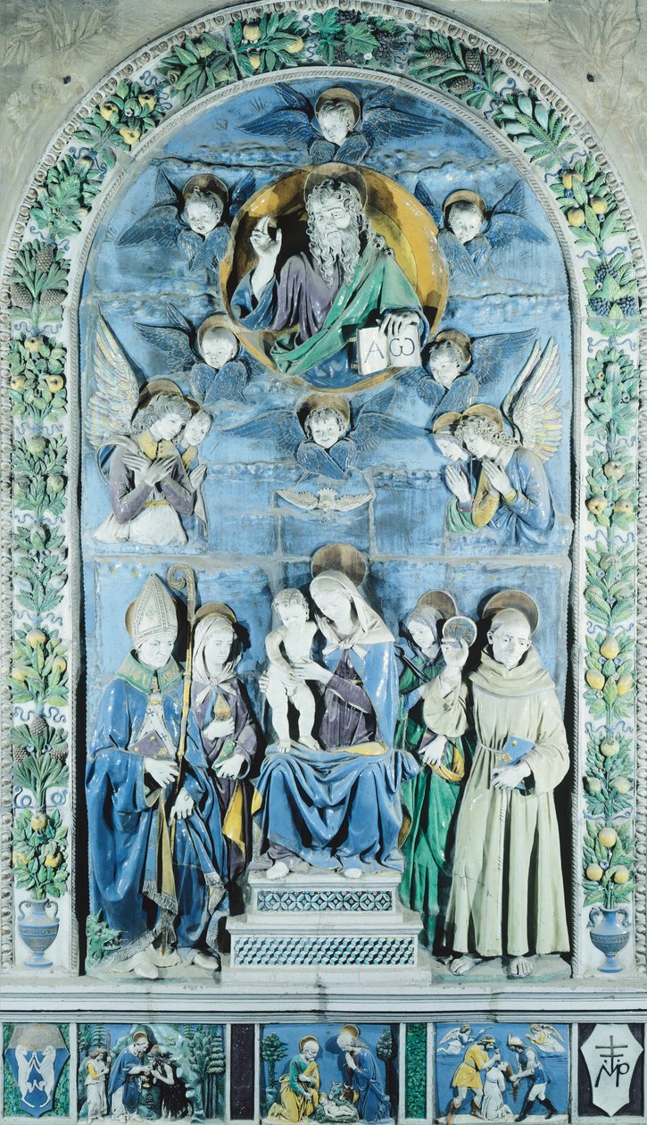 Madonna és gyermek négy szenttel, Olaszországban, Arezzo, Katedrális (kerámia) alkotó: Andrea (workshop of) Della Robbia