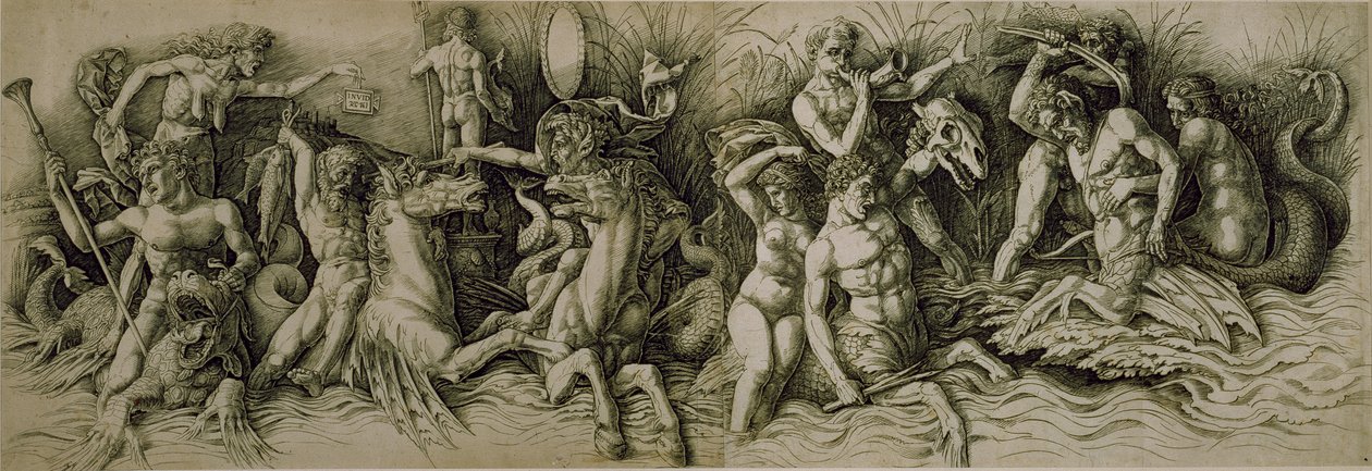 A tengeri istenek csatája (toll és barna tinta papíron) alkotó: Andrea (workshop of) Mantegna