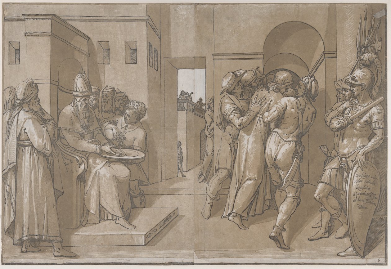 Krisztust elvezetik, katonák állnak a lap jobb oldalán, 1585. alkotó: Andrea Andreani