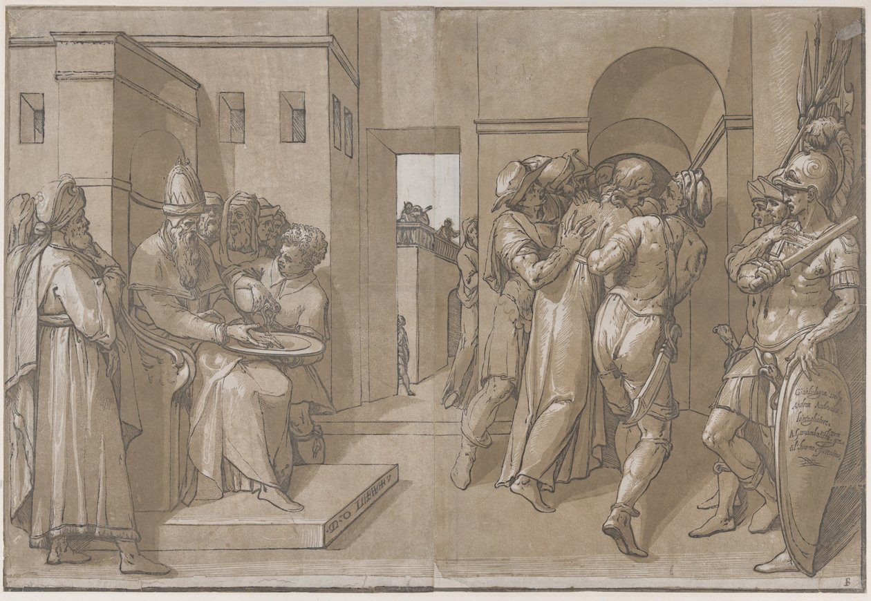 Pilátus a bal oldalon kezet mosott a lepedő bal oldalán, 1585. alkotó: Andrea Andreani