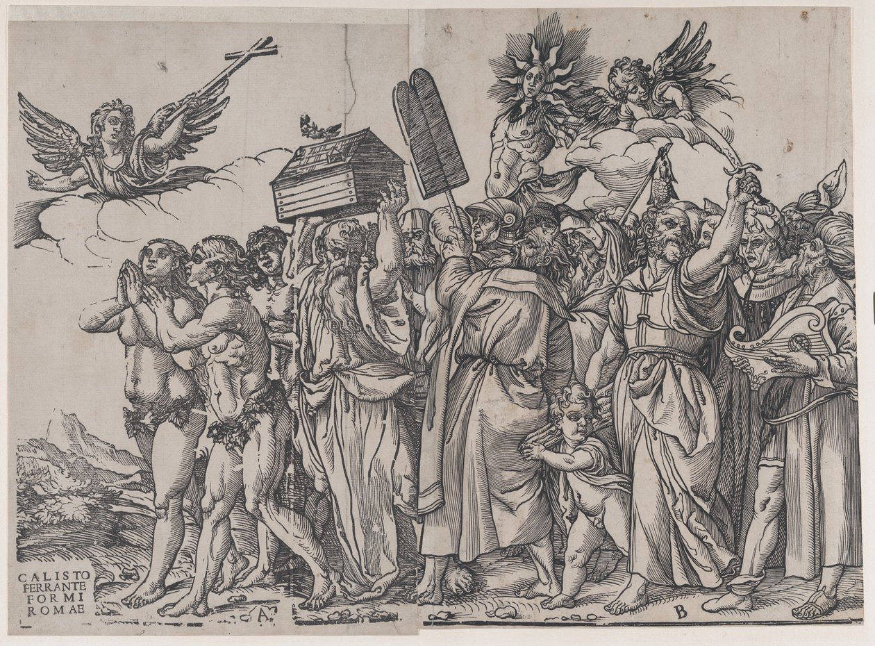 A rész: egy angyal keresztet tart a bal felső sarokban, lent Ádám és Éva, a The triumph of...-ból, 1836-ból. alkotó: Andrea Andreani