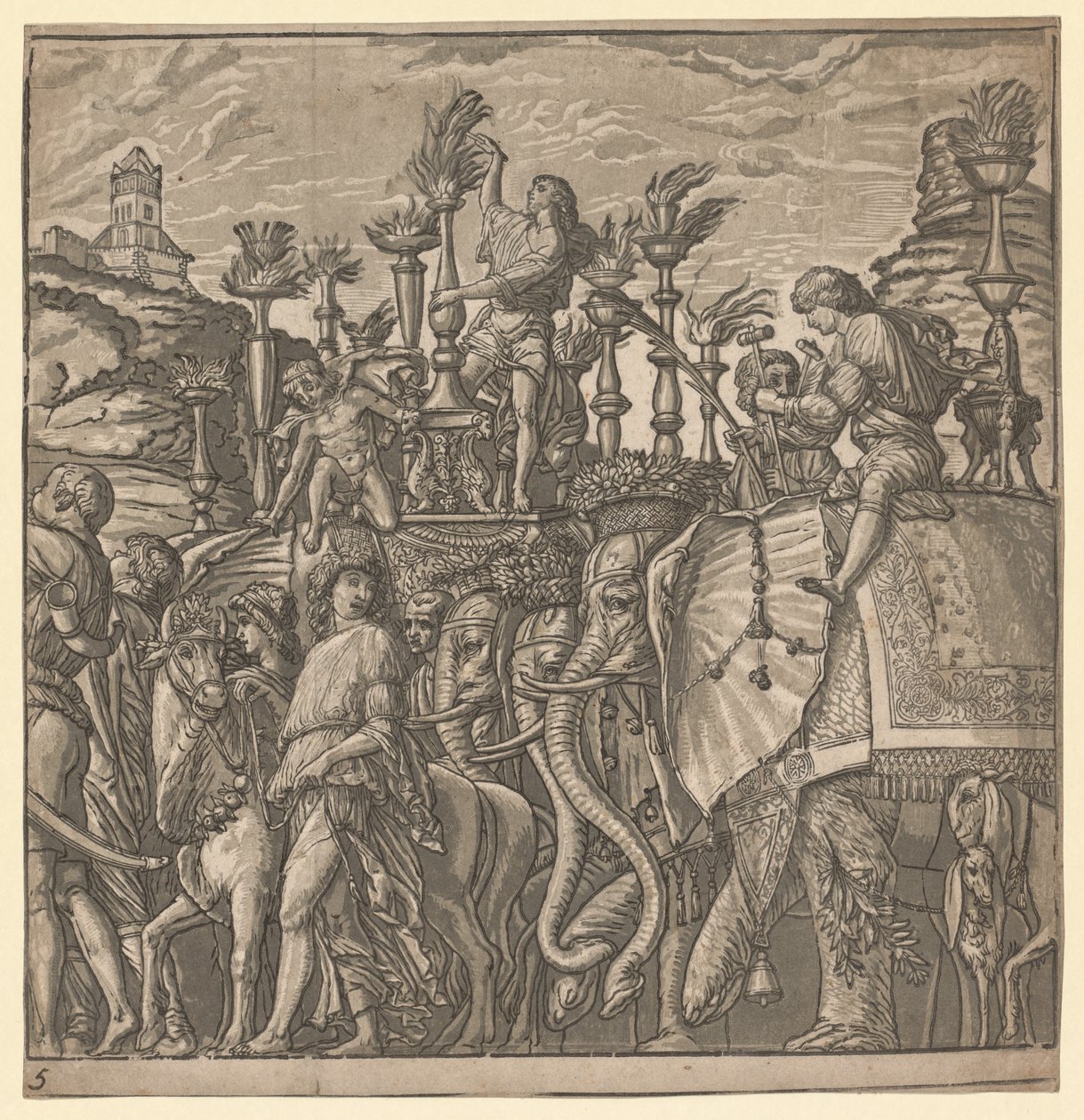Julius Caesar diadala: Fáklyát hordozó elefántok, 1593-99. alkotó: Andrea Andreani