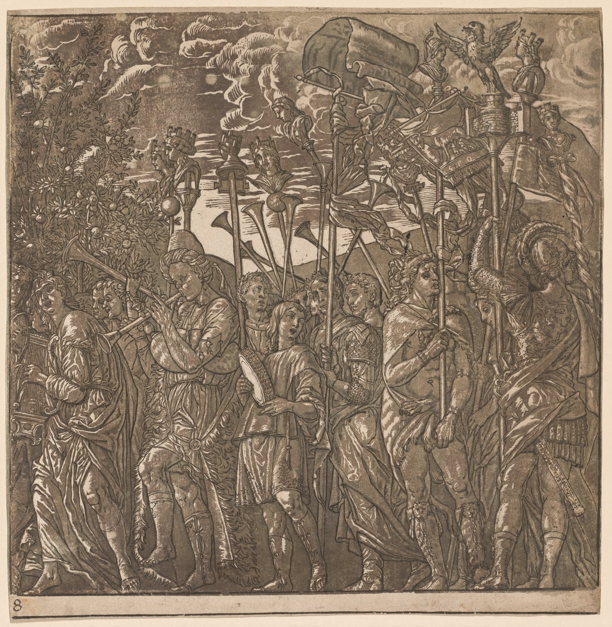 Julius Caesar diadala: zászlókat és zászlókat hordozó katonák, 1593-99. alkotó: Andrea Andreani