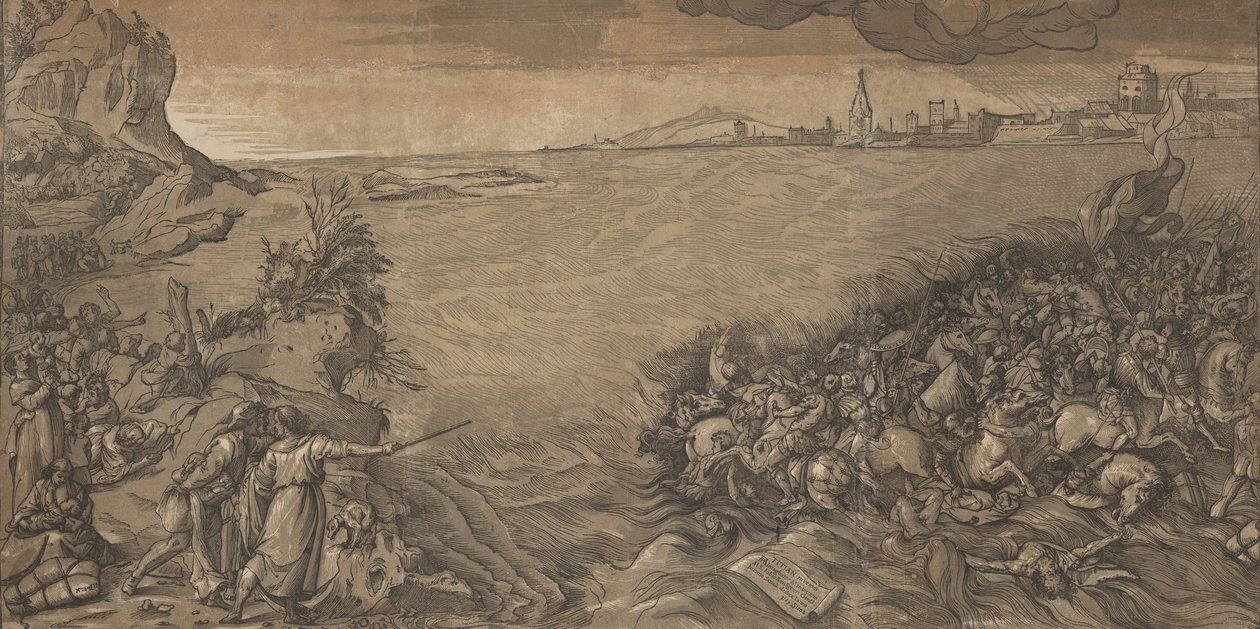 A Vörös-tenger átkelőjénél Mózes áll a bal oldalon, és az elmerült hadseregre mutat..., 1589. alkotó: Andrea Andreani