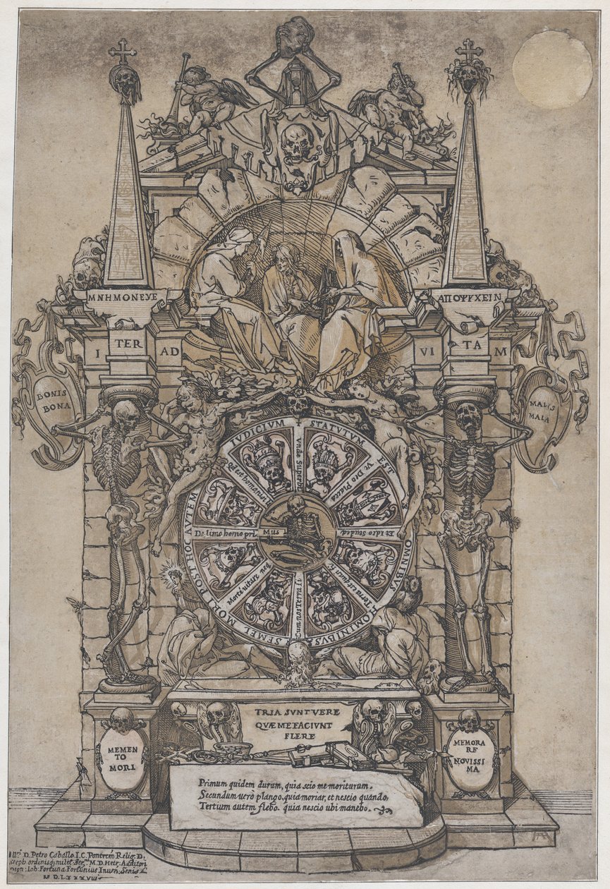 A halál diadala három sorsú építészeti keretben a szerencsekerék szárnya fölött..., 1588. alkotó: Andrea Andreani