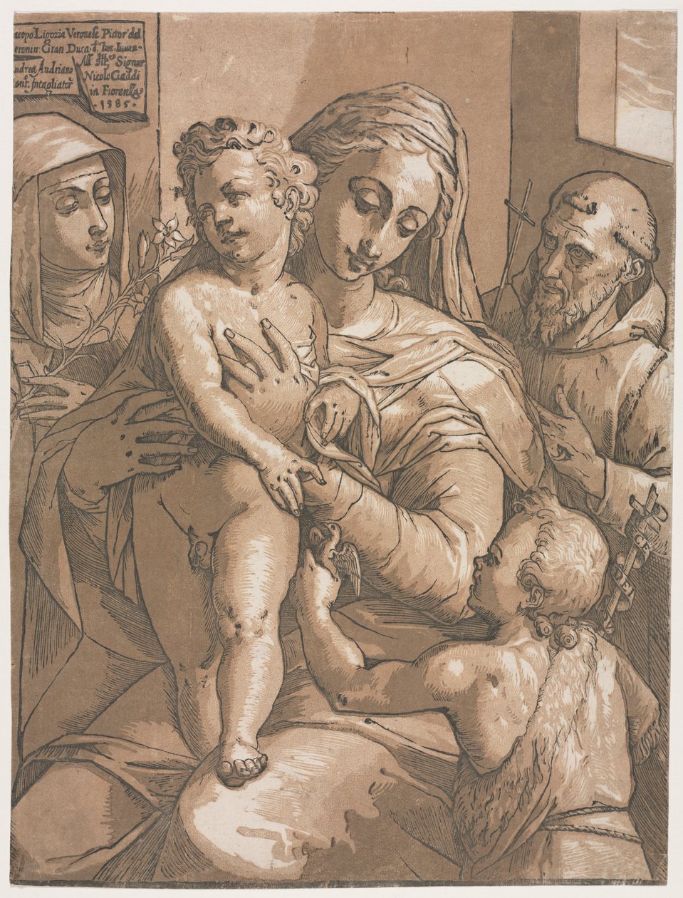 Szűz és gyermek Szent Jánossal, Sienai Szent Katalinnal és Szent Ferenccel, 1585. alkotó: Andrea Andreani