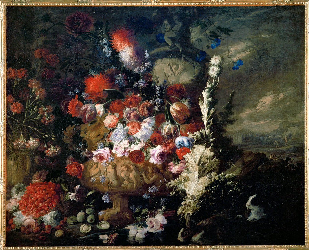 Váza virágokkal és gyümölcsökkel egy tájban - Vase de fleurs et fruits dans un paysage ... alkotó: Andrea Belvedere